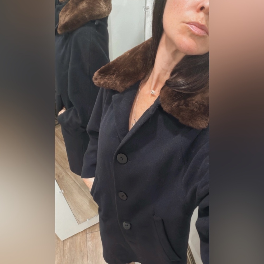 Elegant vintage navy cashmere/lambswool Coat with Brown (beaver fur) Collar